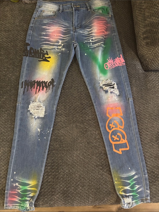 SHEIN Other - SHEIN Blue Denim Skinny Jeans with Multicolor Spray-Paint Graphics